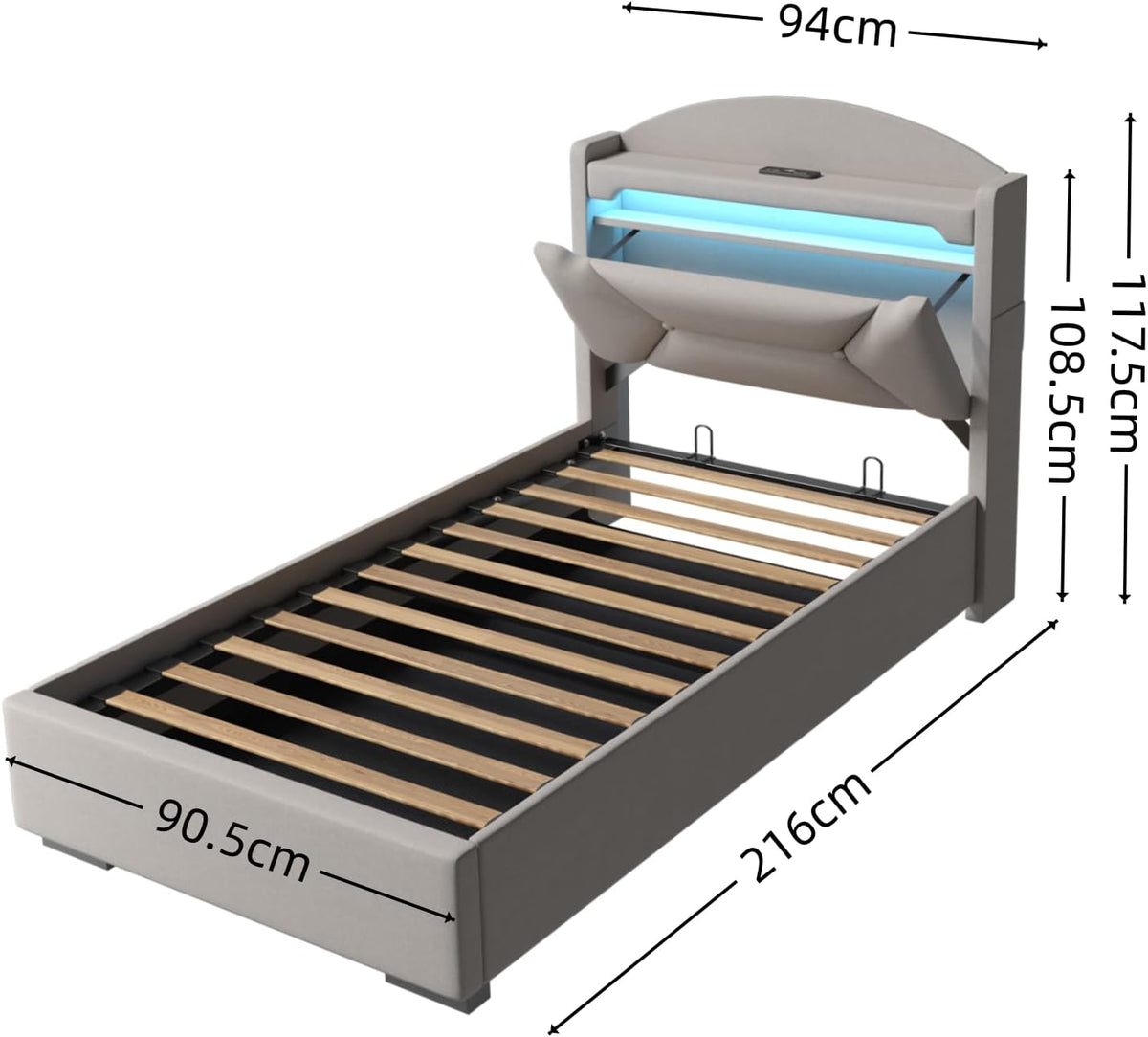 Cama 90x200 cm con Almacenamiento, Cama Individual con LED, Puertos USB y Type-C, Somier 90x200 Hidráulico, Camas Juveniles Camas Infantiles con Cabecero, Lino, Beige, Colchón No Incluido