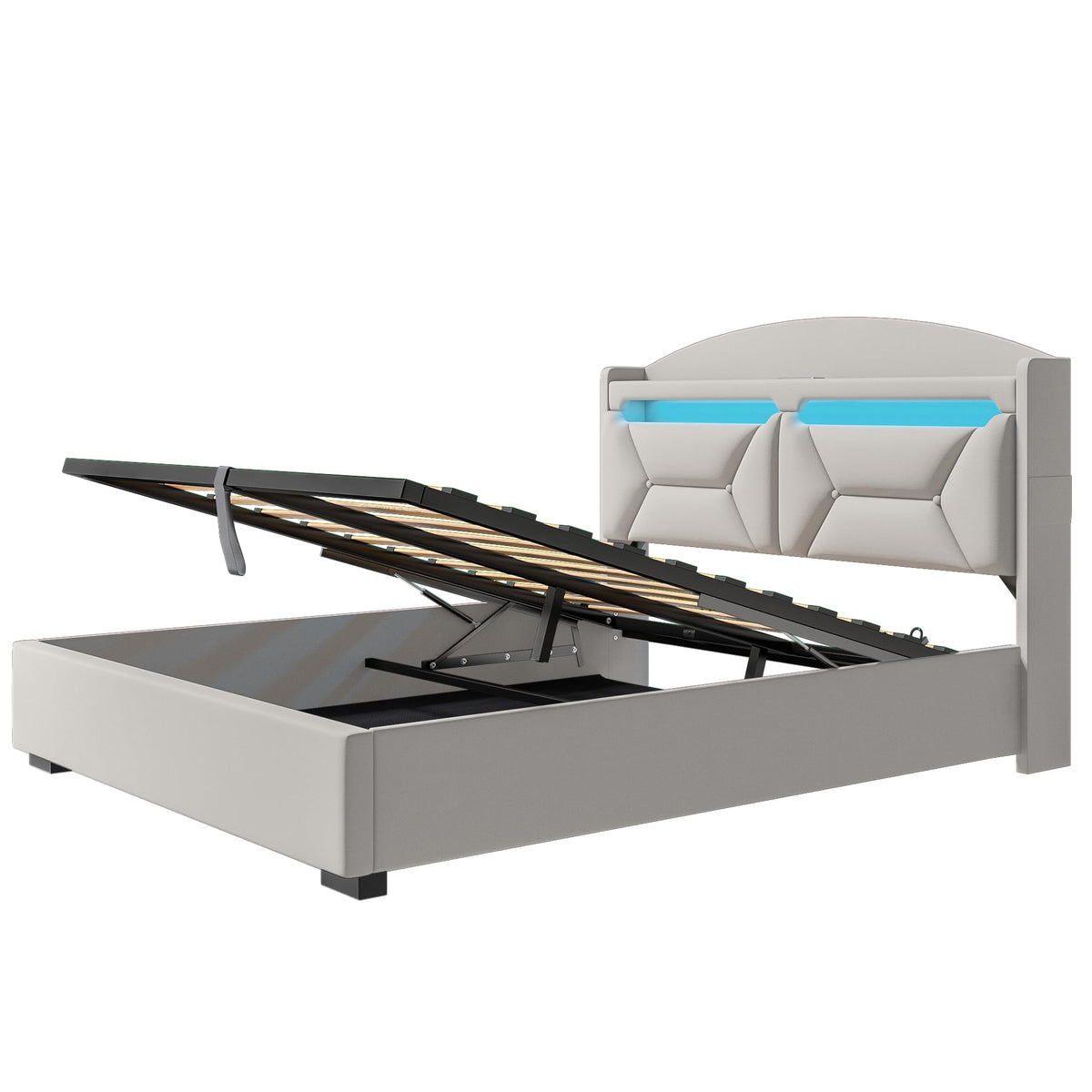 Cama 90x200 cm con Almacenamiento, Cama Individual con LED, Puertos USB y Type-C, Somier 90x200 Hidráulico, Camas Juveniles Camas Infantiles con Cabecero, Lino, Beige, Colchón No Incluido