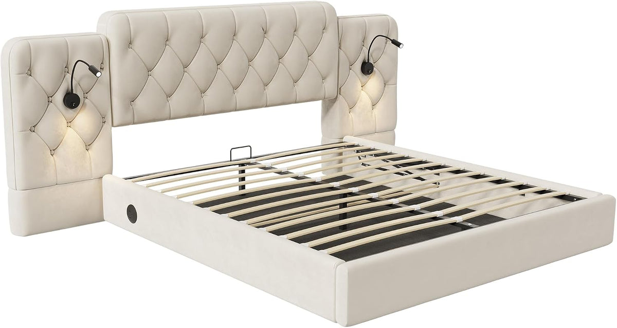 Estructura de cama con cabecero largo, 180 x 200 cm, material de terciopelo moderno, varios puertos USB, lámpara de escritorio, sistema hidráulico, espacio de almacenamiento extra grande en la