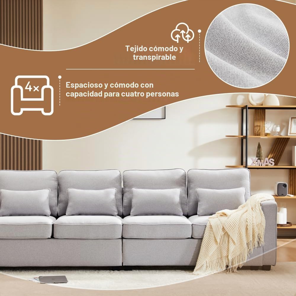 Lubvtti Sofá moderno de 4 plazas con bolsillos para reposabrazos y 4 cojines, con consola, 2 portavasos y 2 enchufes USB, de lino, adecuado para muchas ocasiones (Dark Gris+USB)