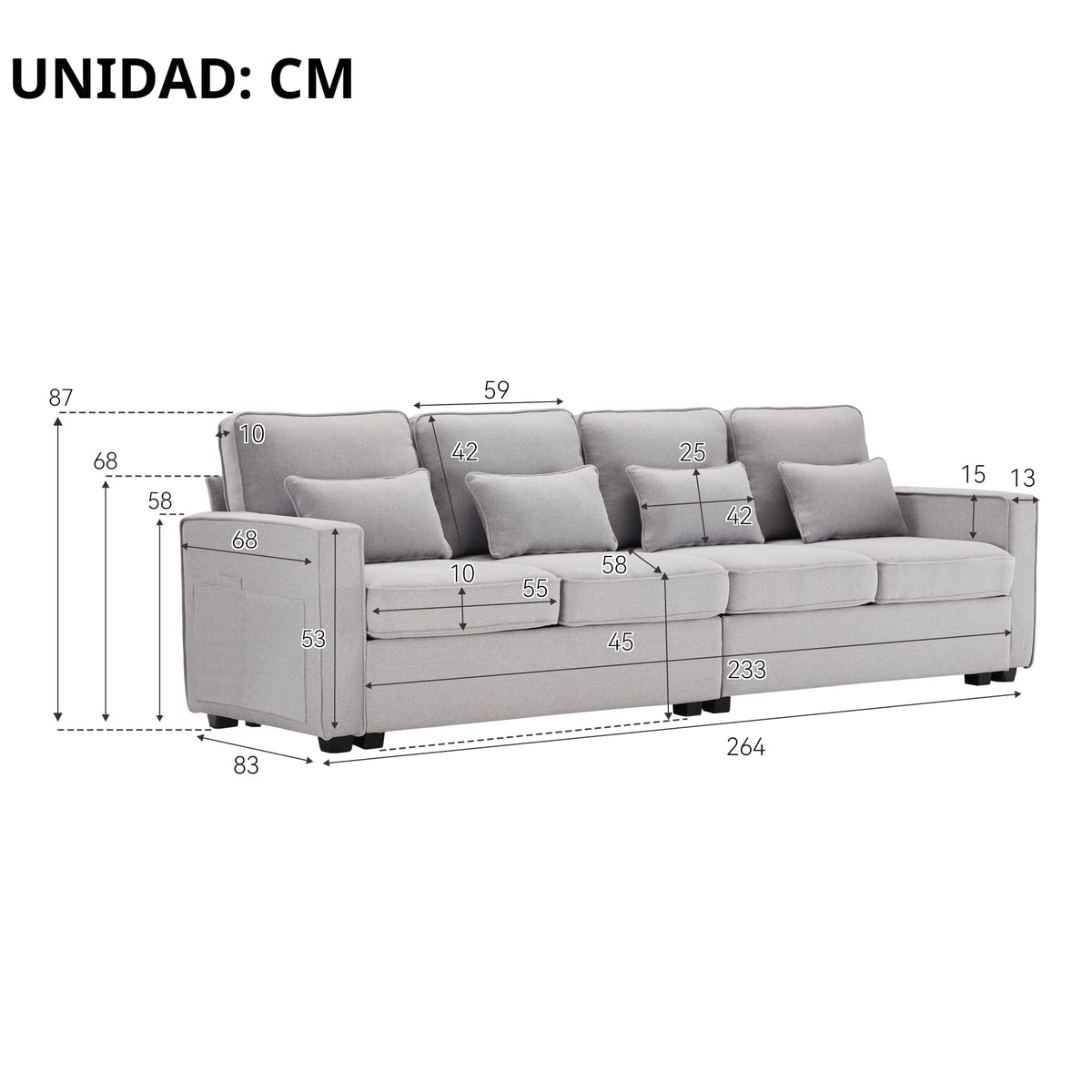 Sofá moderno de 4 plazas, en tejido de lino, soporte para bebidas, 2 puertos de carga USB con cable, bolsillos en reposabrazos y 4 cojines, sofá sencillo para sala de estar