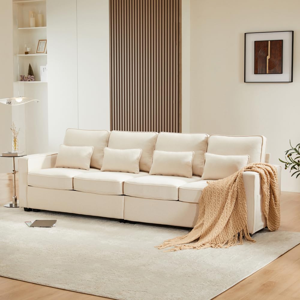 Lubvtti Sofá moderno de 4 plazas con bolsillos para reposabrazos y 4 cojines, con consola, 2 portavasos y 2 enchufes USB, de lino, adecuado para muchas ocasiones (Dark Gris+USB)