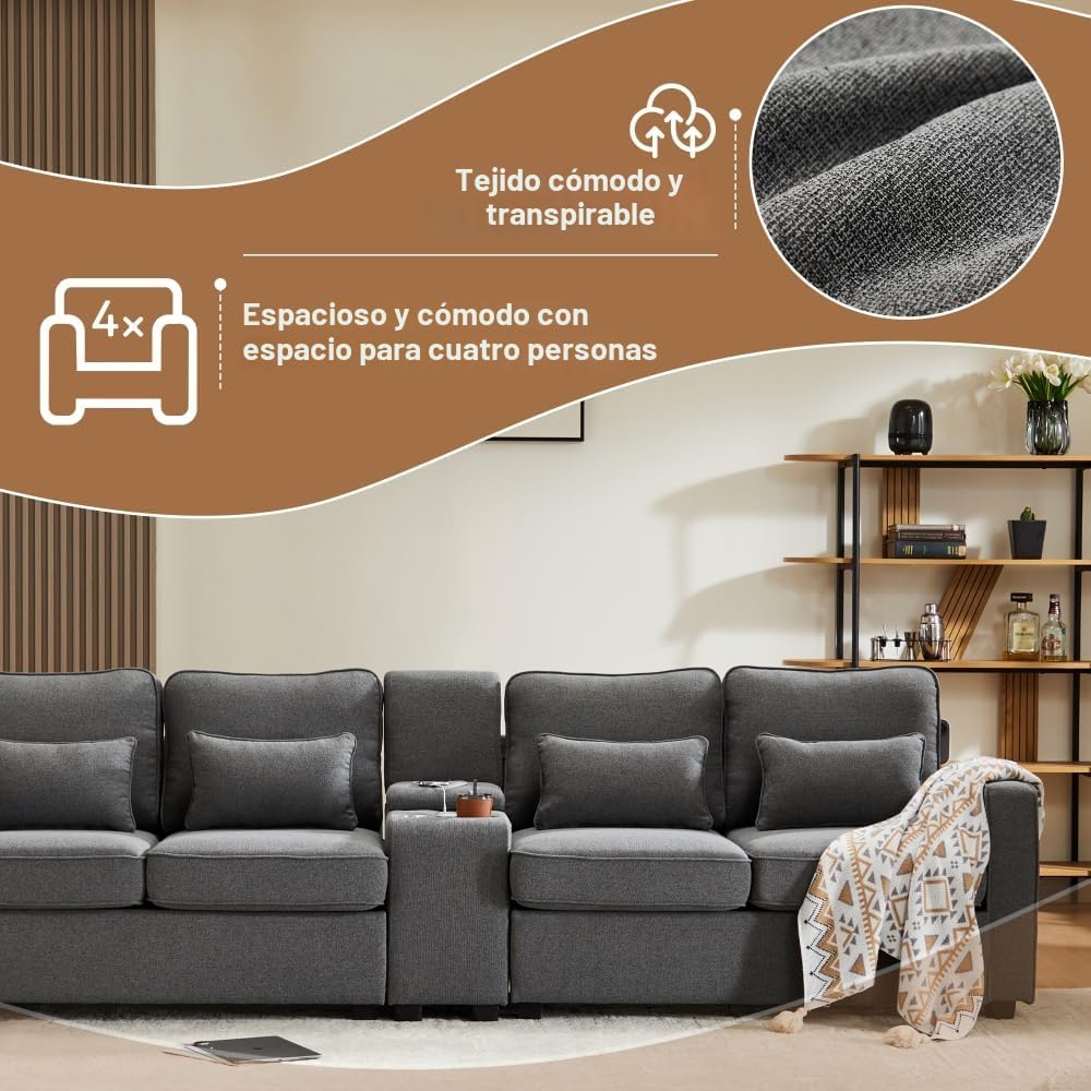 Lubvtti Sofá moderno de 4 plazas con bolsillos para reposabrazos y 4 cojines, con consola, 2 portavasos y 2 enchufes USB, de lino, adecuado para muchas ocasiones (Dark Gris+USB)
