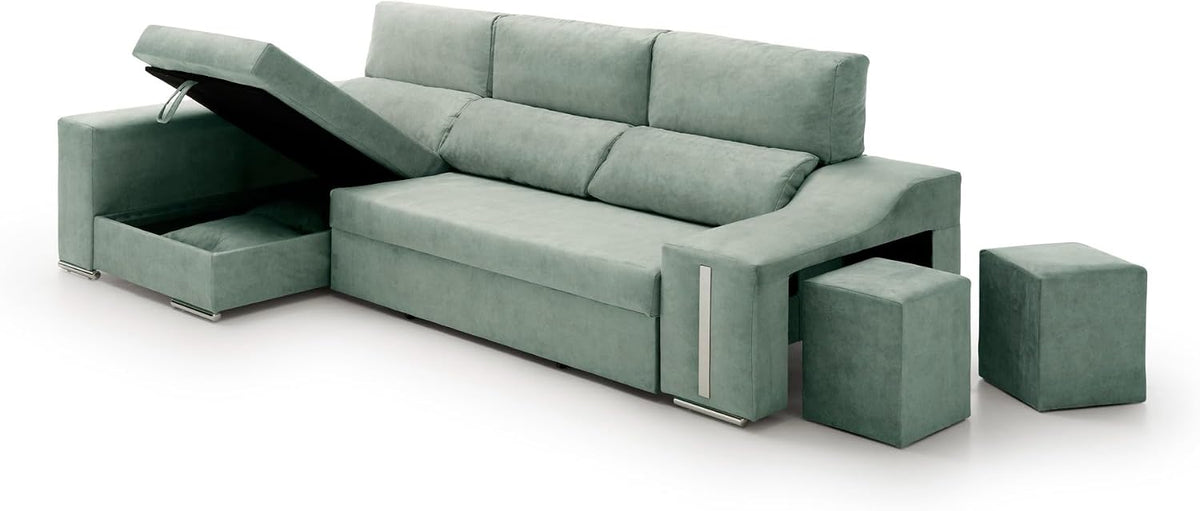Sofa Chaise Longue Cama con Arcón y Puff Giuliana Agua Marina Izquierda