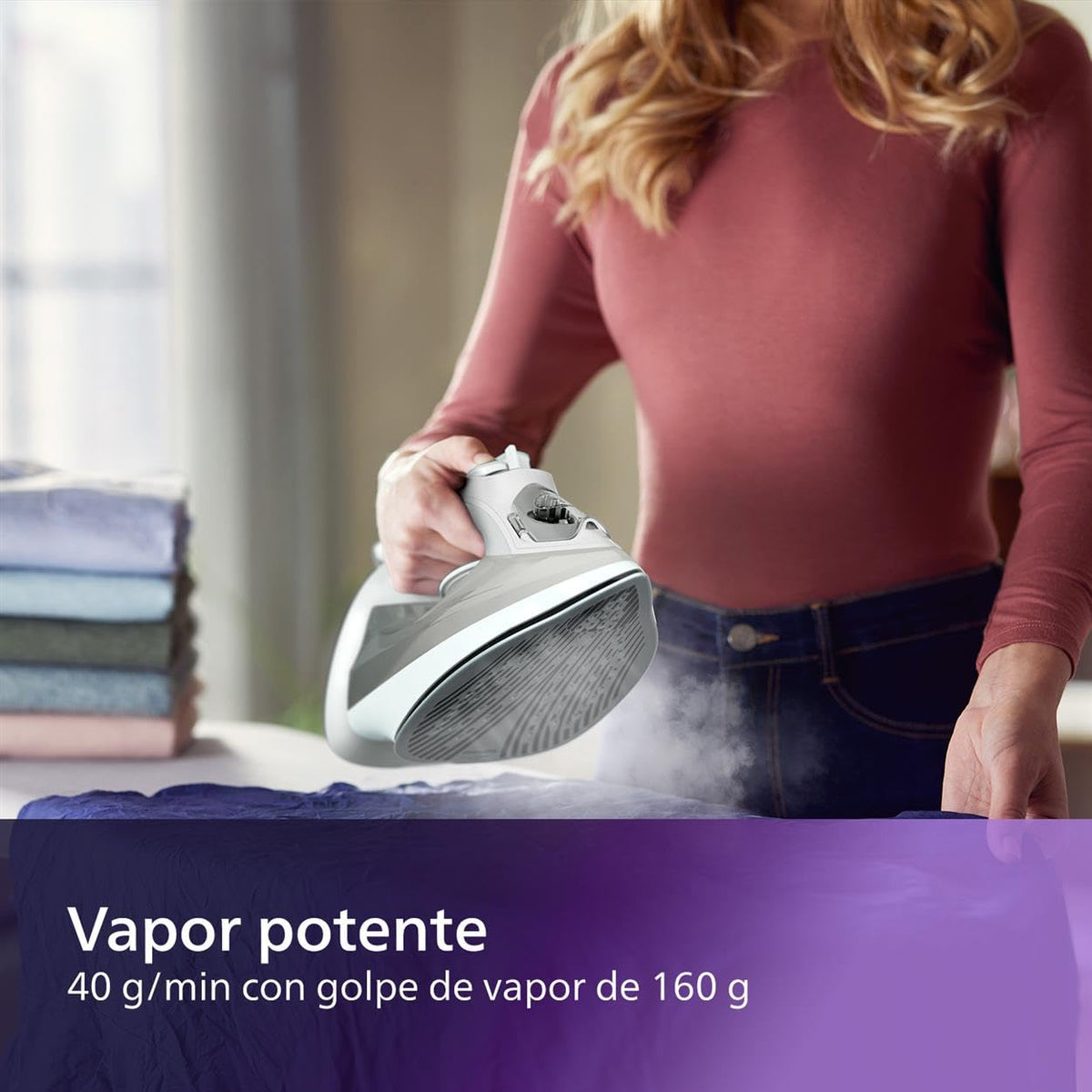 Philips Serie 5000 Plancha de Vapor, 2400W de Potencia, 45g/min, Golpe de Vapor 180g, Vapor Vertical, Suela SteamGlide Plus, Negro/Púrpura (DST5030/80)