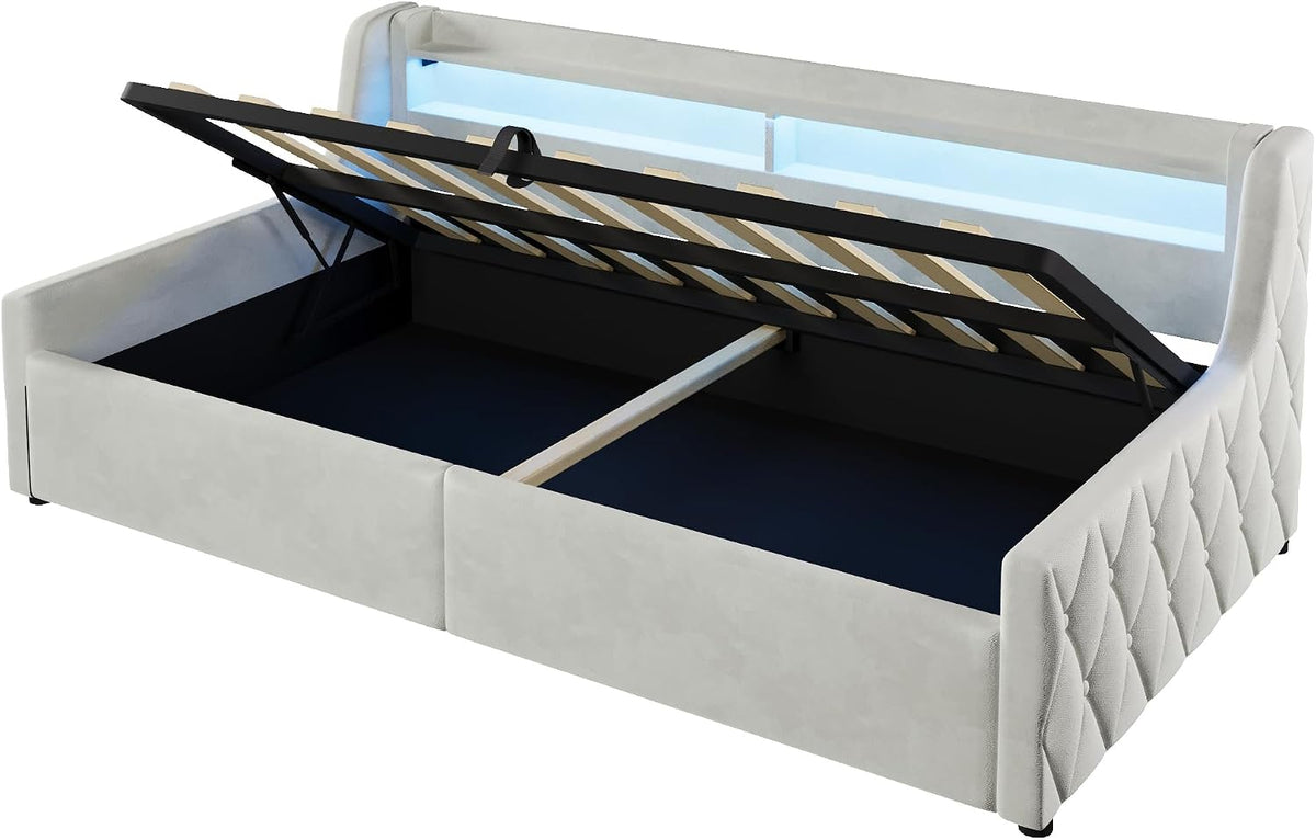 Cama con plataforma de terciopelo 90 x 200 cm, con espacio de almacenamiento hidráulico e iluminación LED (color crema, 90 x 200 cm)