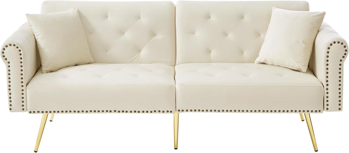 Sofá cama moderno de 2 plazas, tapizado en terciopelo, respaldo ajustable en 3 niveles y patas de metal doradas, elegante sofá con función de dormir, ahorra espacio, resistente, 173 x 75 x 70 cm