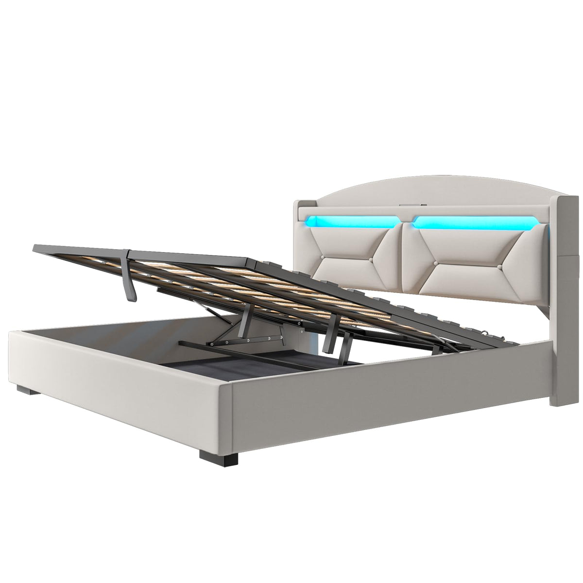 Cama 90x200 cm con Almacenamiento, Cama Individual con LED, Puertos USB y Type-C, Somier 90x200 Hidráulico, Camas Juveniles Camas Infantiles con Cabecero, Lino, Beige, Colchón No Incluido