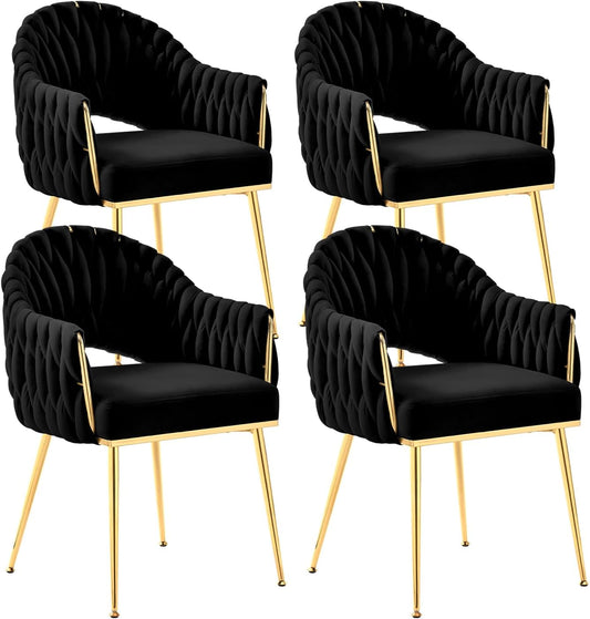 Juego de 4 sillas de comedor de terciopelo, sillones de salón, sillas de comedor con reposabrazos, sillas de cocina con respaldo alto trenzado a mano, silla de tocador con patas doradas