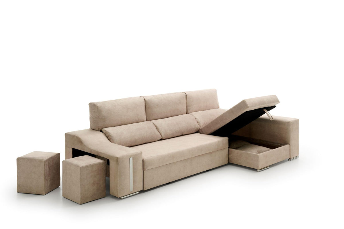 Sofa Chaise Longue Cama con Arcón y Puff Giuliana Agua Marina Izquierda
