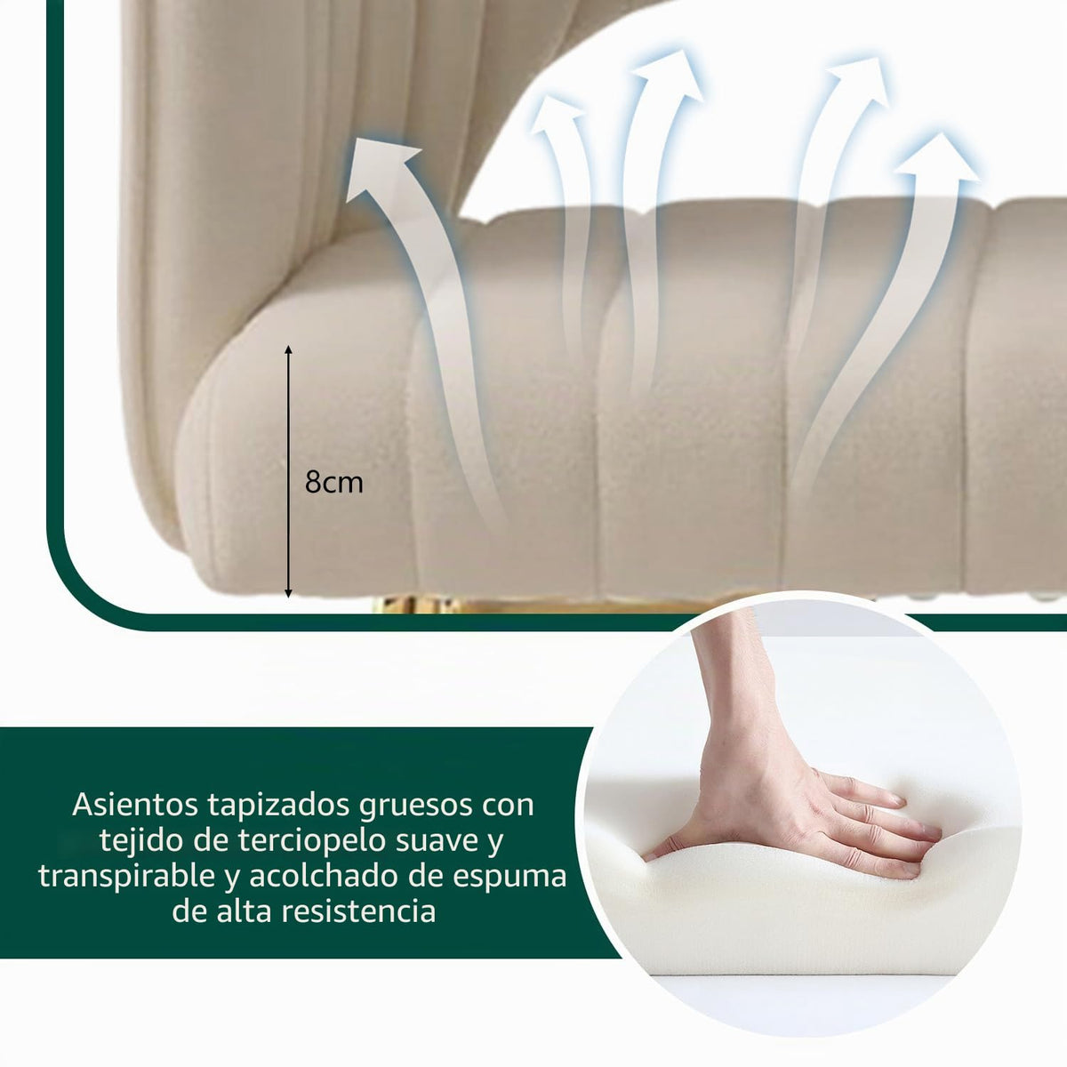 Juego de 6 sillas de comedor de terciopelo, sillas tapizadas con reposabrazos, patas doradas, sillas de cocina, para salón, dormitorio, oficina (6, blanco crema)