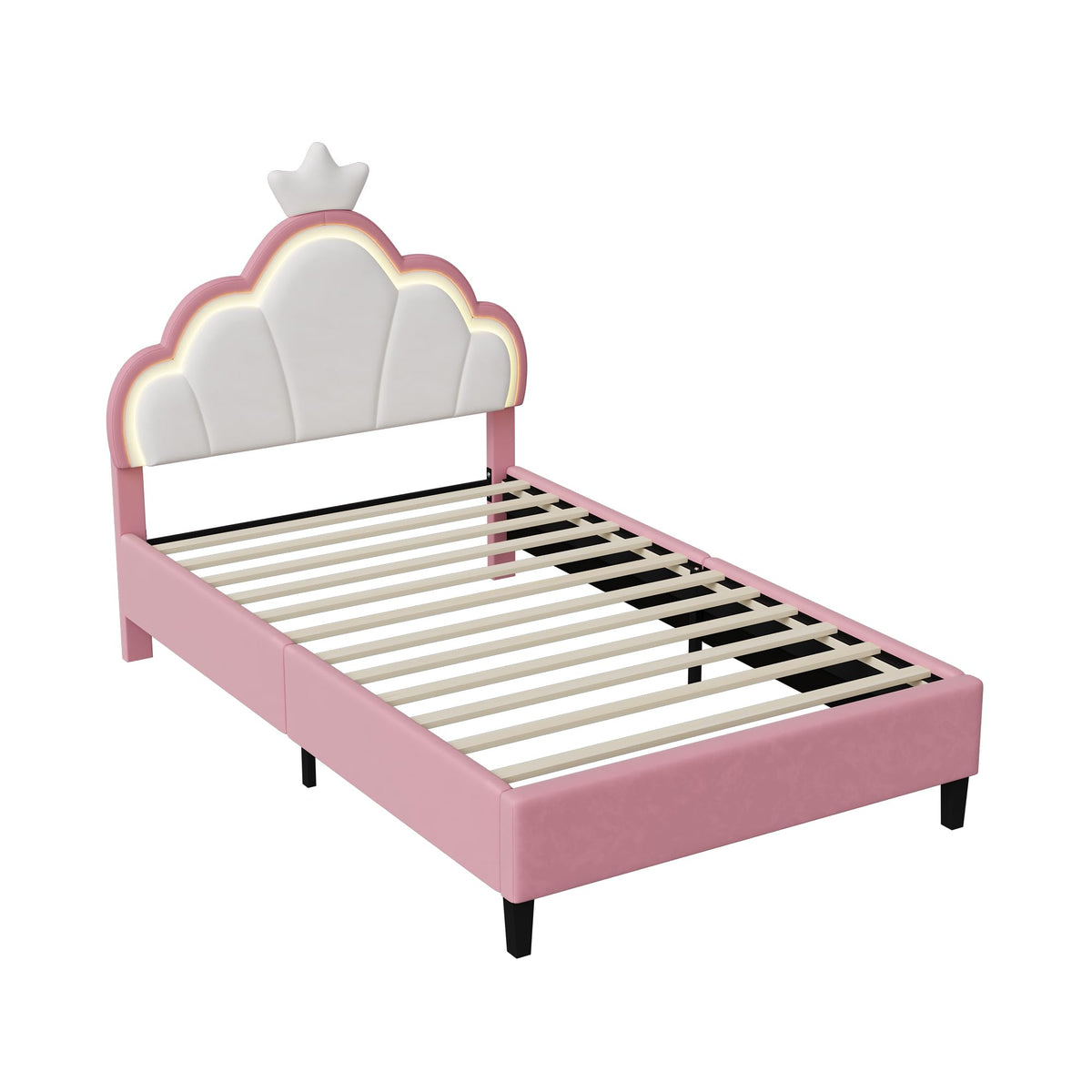 LIVLUX Cama Tapizada 90 x 200 cm, Cama Princesa con Cabezal LED Ajustable y Somier de Lamillas, Cama para Niña, Diseño en Forma de Corona para Niños y Adolescentes (Rosa, 90 x 200 cm)