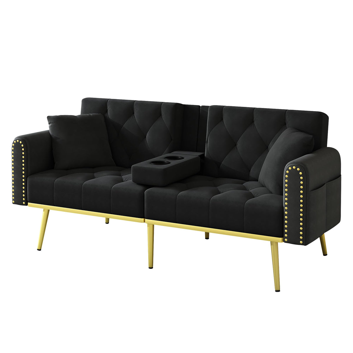 Azkoeesy Sofá cama de 2 plazas con soporte para bebidas, 175 cm, sofá cama con función de dormir, respaldo ajustable en 3 posiciones, patas metálicas doradas y remaches, para sala de estar y cine en