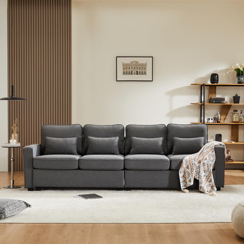 Lubvtti Sofá moderno de 4 plazas con bolsillos para reposabrazos y 4 cojines, con consola, 2 portavasos y 2 enchufes USB, de lino, adecuado para muchas ocasiones (Dark Gris+USB)