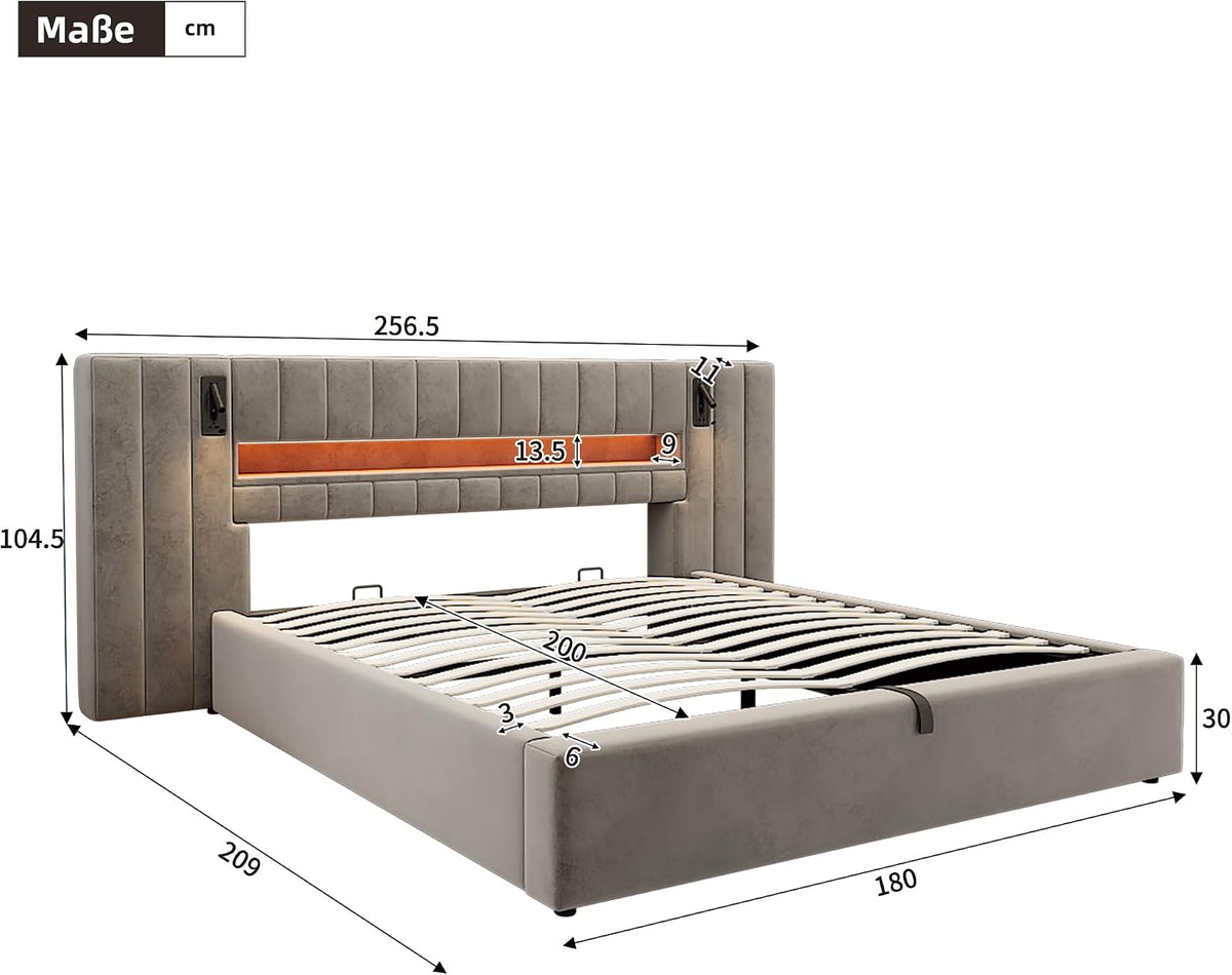 Cama 180x200 cm Camas Matrimoniales con LED y Lámpara de Noche, Cama Doble Tapizada con USB y Cabecero Ancho, Almacenaje Hidráulico, Soporte de Lamas de Madera, Terciopelo, Sin Colchón, Gris