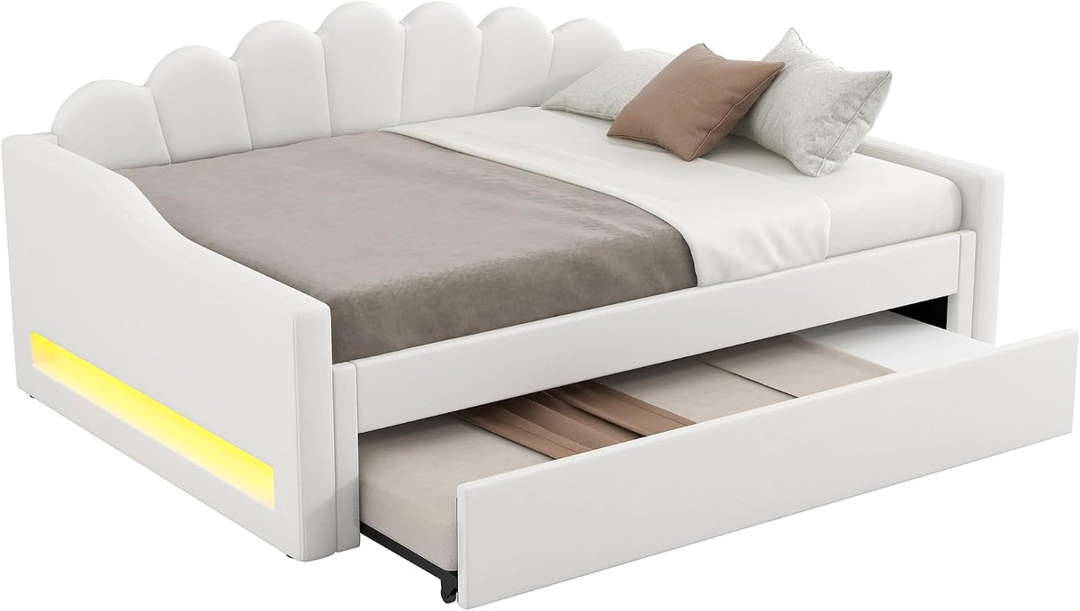 Cama acolchada de 140 x 200 cm con cinturón LED y cama nido (beige)