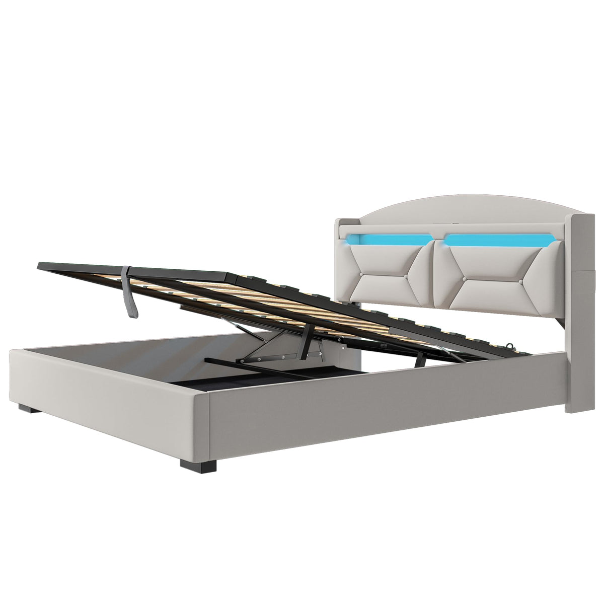 Cama 90x200 cm con Almacenamiento, Cama Individual con LED, Puertos USB y Type-C, Somier 90x200 Hidráulico, Camas Juveniles Camas Infantiles con Cabecero, Lino, Beige, Colchón No Incluido