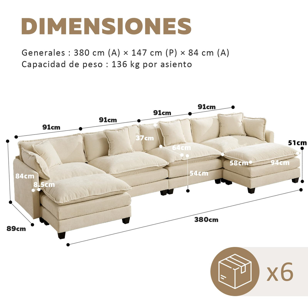 Sofá Modular Modular de 380.0 cm en Forma de L, sofás Convertibles de Gran tamaño, sofá de felpilla de 4 plazas con Asiento Profundo SleeperCloud con Almohadas y 2 otomanas para Sala de