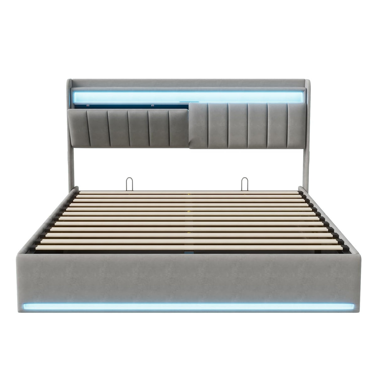 Cama tapizada de 160 x 200 cm, cama doble LED con espacio de almacenamiento, cabecero y función de carga USB C, cama de almacenamiento hidráulico, respaldo con somier de láminas de madera