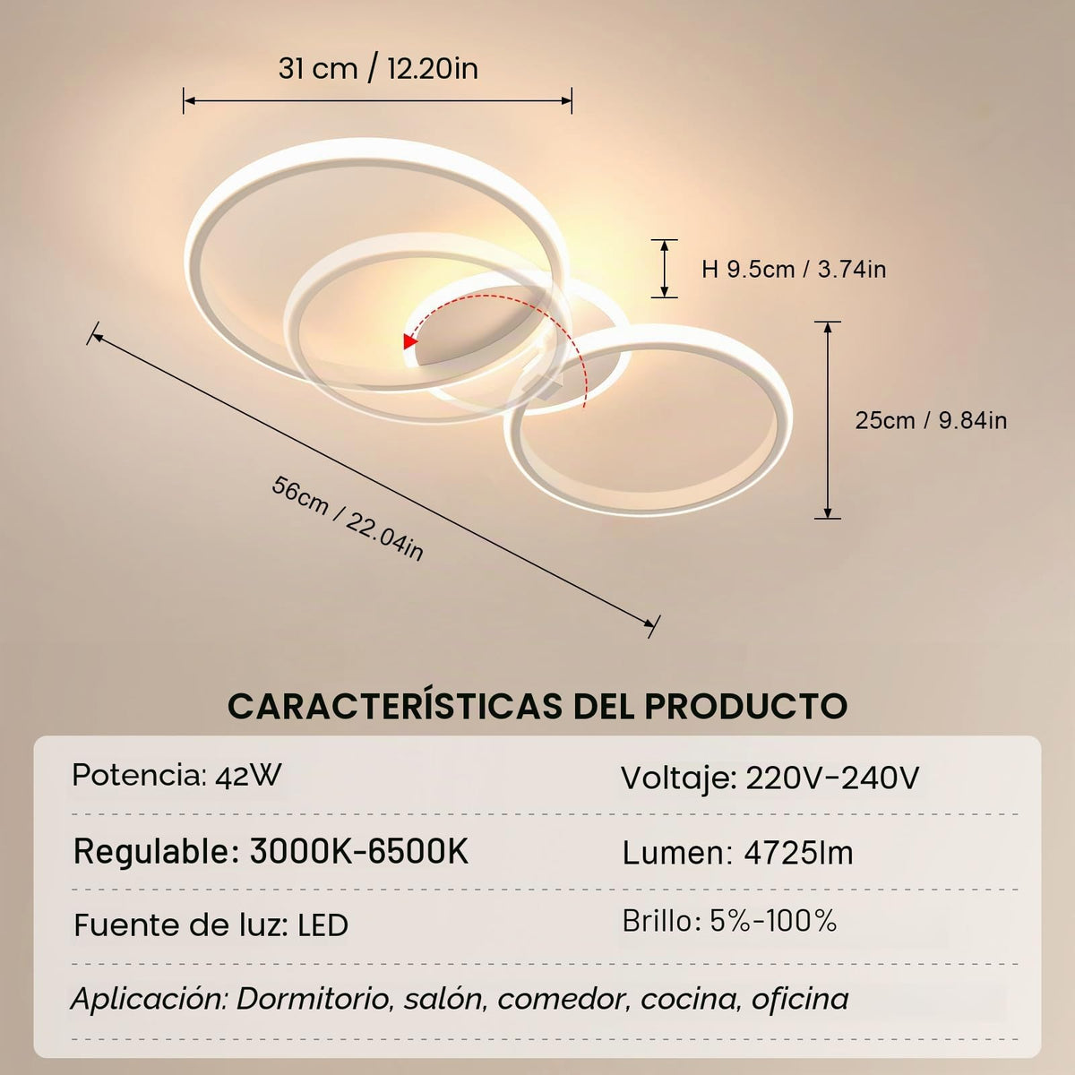 Riserva Plafon Techo LED Regulable 48W, Forma de Corazón, 3000K-6500K, Oro