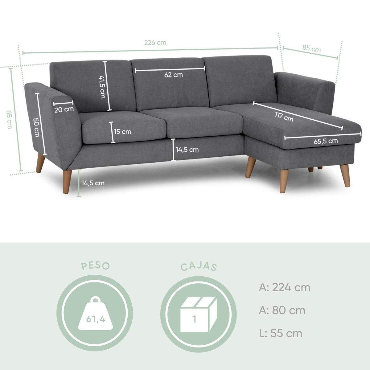 BUDWING Leah Sofá Cama Esquinero 3 Plazas - Chaise Longue Reversible y 2 Cojines Decorativos – Tapizado en Poliéster – Estilo Moderno – 233x124x69 cm – Gris Bicolor