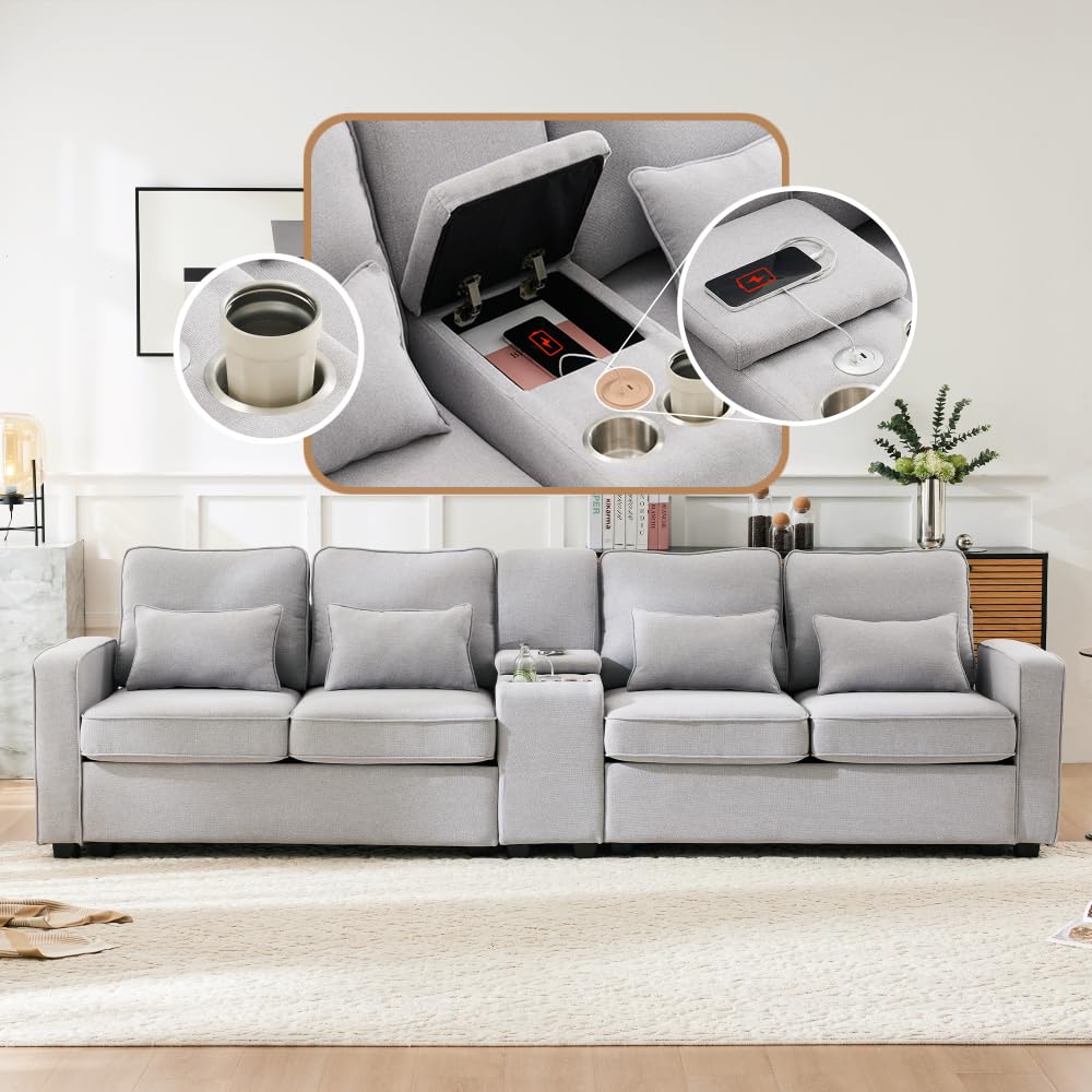 Lubvtti Sofá moderno de 4 plazas con bolsillos para reposabrazos y 4 cojines, con consola, 2 portavasos y 2 enchufes USB, de lino, adecuado para muchas ocasiones (Dark Gris+USB)