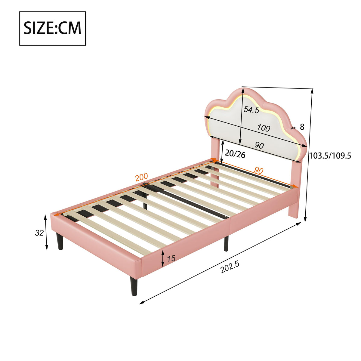 LIVLUX Cama Tapizada 90 x 200 cm, Cama Princesa con Cabezal LED Ajustable y Somier de Lamillas, Cama para Niña, Diseño en Forma de Corona para Niños y Adolescentes (Rosa, 90 x 200 cm)