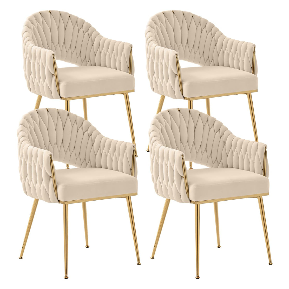 Juego de 4 sillas de comedor de terciopelo, sillones de salón, sillas de comedor con reposabrazos, sillas de cocina con respaldo alto trenzado a mano, silla de tocador con patas doradas