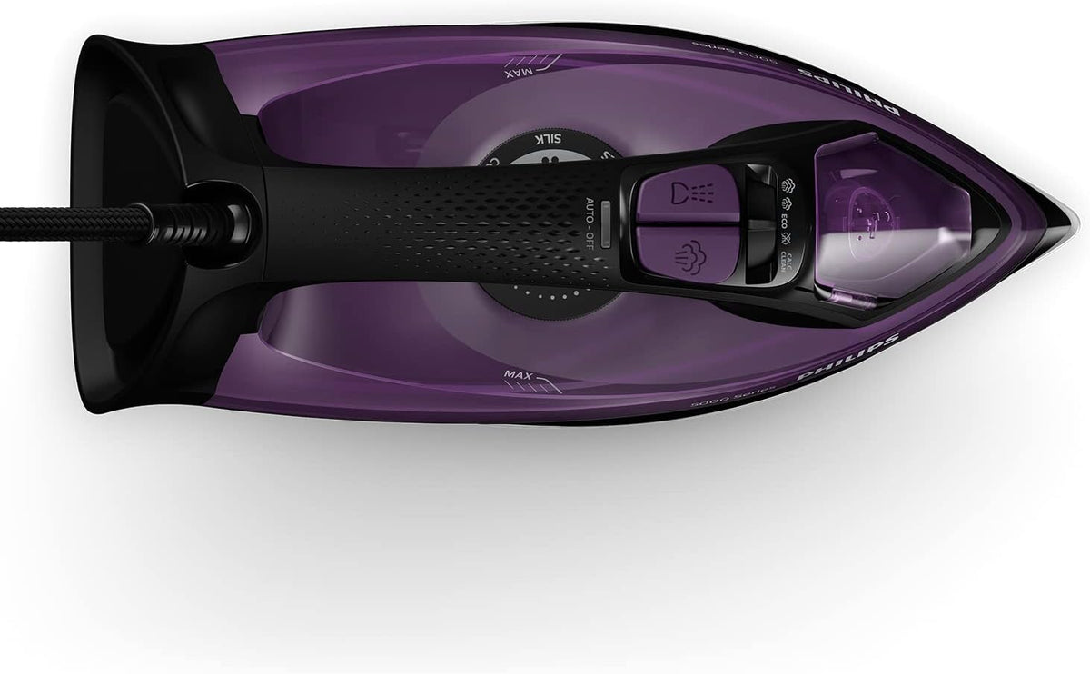 Philips Serie 5000 Plancha de Vapor, 2400W de Potencia, 45g/min, Golpe de Vapor 180g, Vapor Vertical, Suela SteamGlide Plus, Negro/Púrpura (DST5030/80)