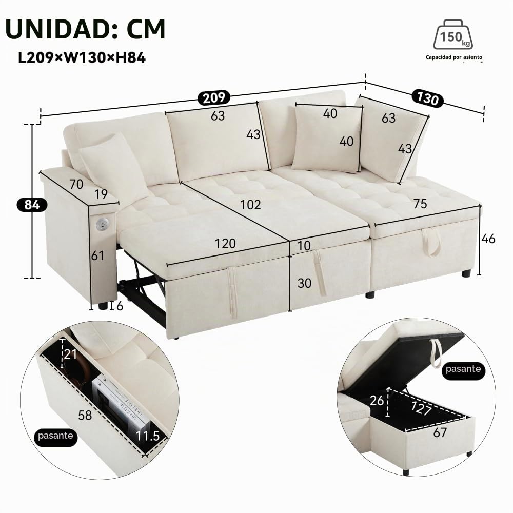 Sofá esquinero extensible en forma de L con puerto USB y portavasos, sofá cama de 4 plazas con función cama, sofá convertible con espacio de almacenamiento y reposabrazos, cojines, chenilla