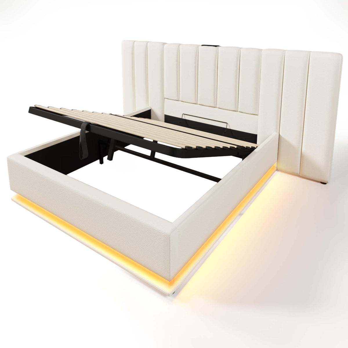 Cama tapizada 180×200cm, Cama Doble con canapé con LED y función de Carga USB-C, PU, sin colchón ni mesita de Noche (Blanco, 180 x 200 cm)