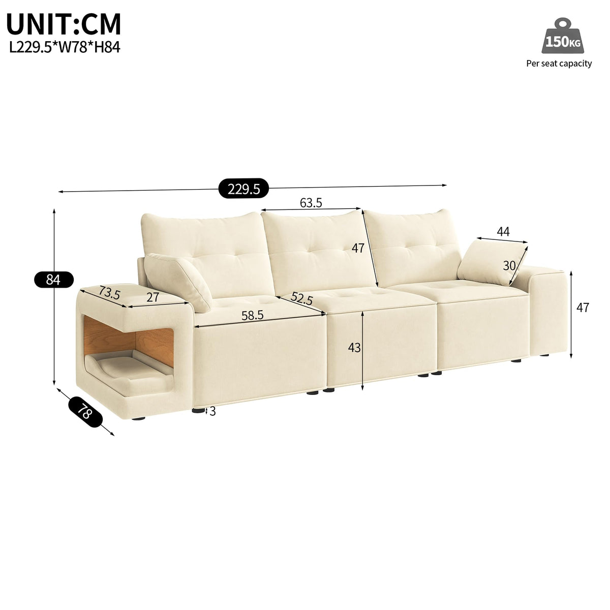 Sofá modular de 6 plazas, sofá esquinero en forma de L/U, puertos USB/tipo C, portavasos y espacio de almacenamiento, tela de chenilla, 7 cojines, salón, dormitorio y oficina, color beige