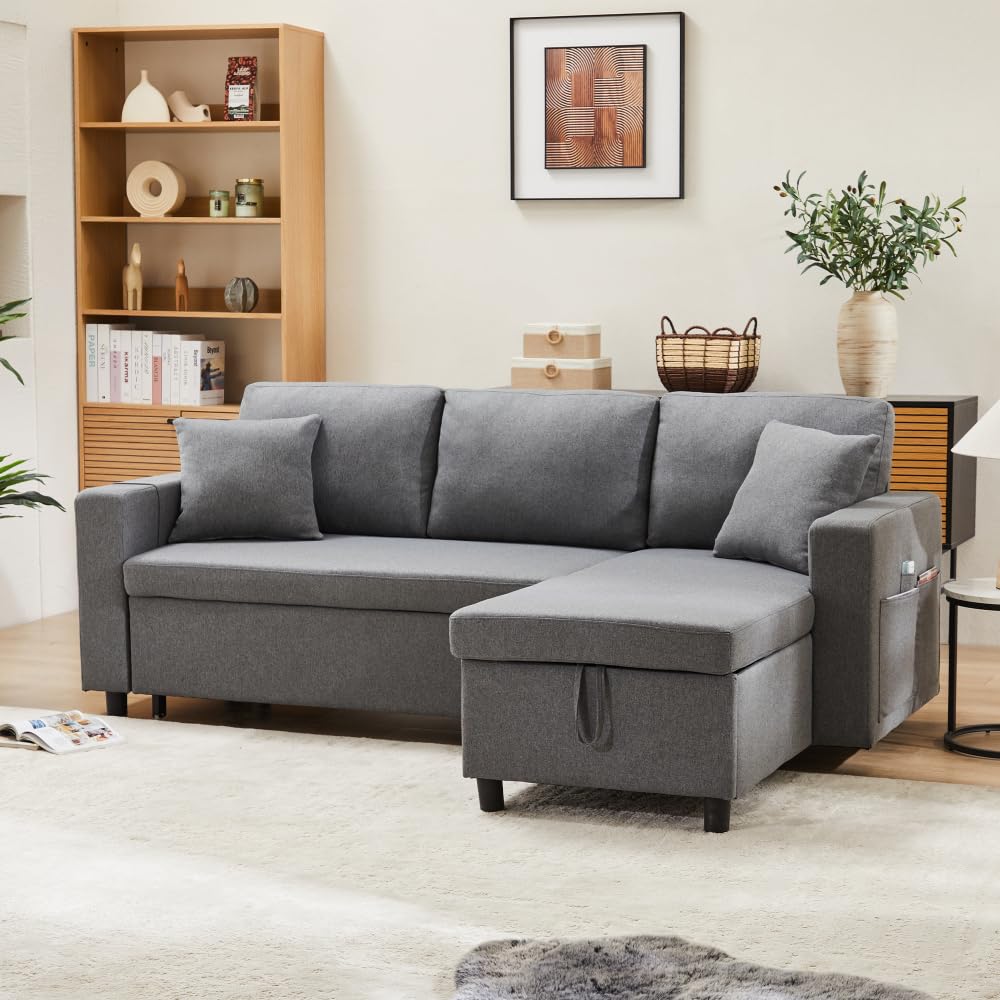 Sofá esquinero extensible en forma de L con puerto USB y portavasos, sofá cama de 4 plazas con función cama, sofá convertible con espacio de almacenamiento y reposabrazos, cojines, chenilla
