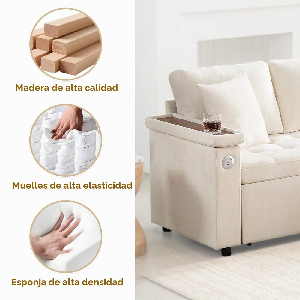 Sofá esquinero extensible en forma de L con puerto USB y portavasos, sofá cama de 4 plazas con función cama, sofá convertible con espacio de almacenamiento y reposabrazos, cojines, chenilla