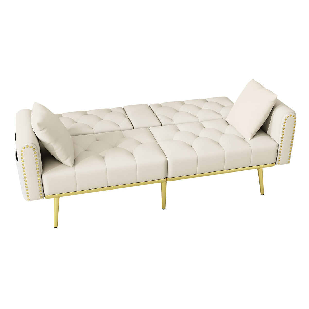 Azkoeesy Sofá cama de 2 plazas con soporte para bebidas, 175 cm, sofá cama con función de dormir, respaldo ajustable en 3 posiciones, patas metálicas doradas y remaches, para sala de estar y cine en