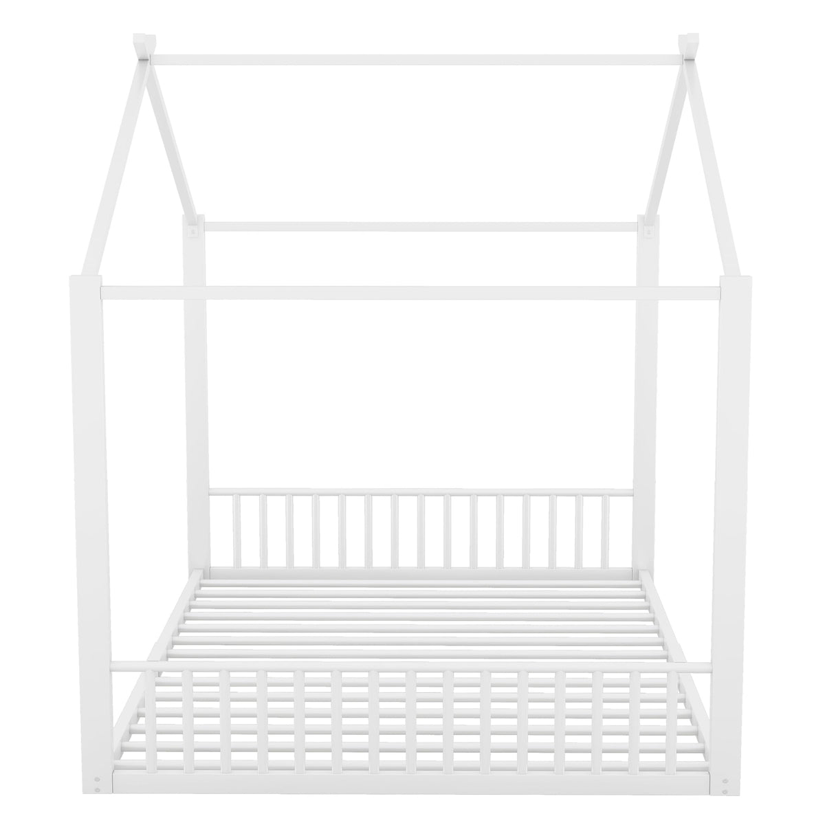 Cama infantil de 90 x 200 cm, dos camas de 90 cm con protección anticaídas, cama doble con modelado de casa, marco de hierro, color blanco, ideal para 2 niños
