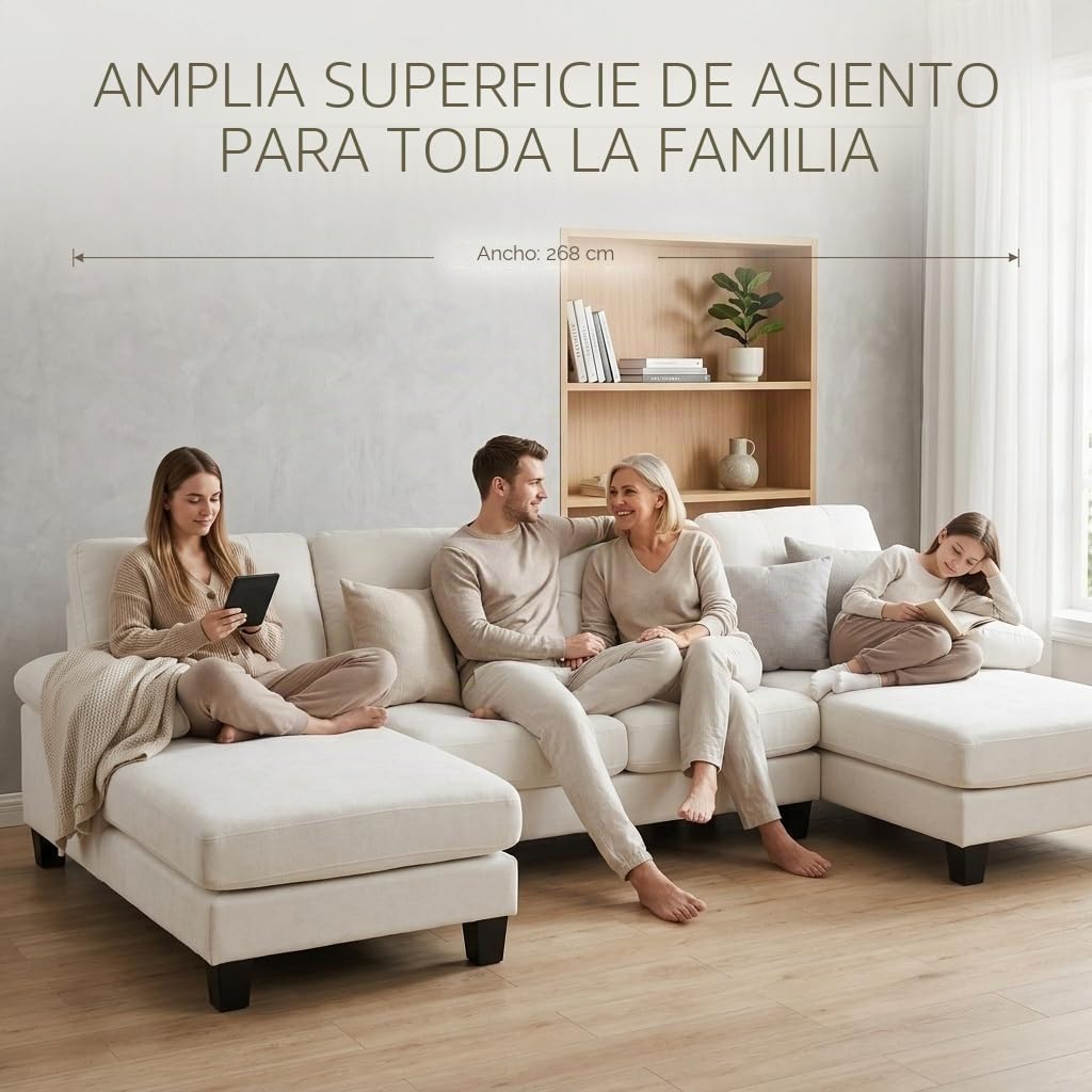 Sofá modular de 6 plazas, sofá esquinero en forma de L/U, puertos USB/tipo C, portavasos y espacio de almacenamiento, tela de chenilla, 7 cojines, salón, dormitorio y oficina, color beige