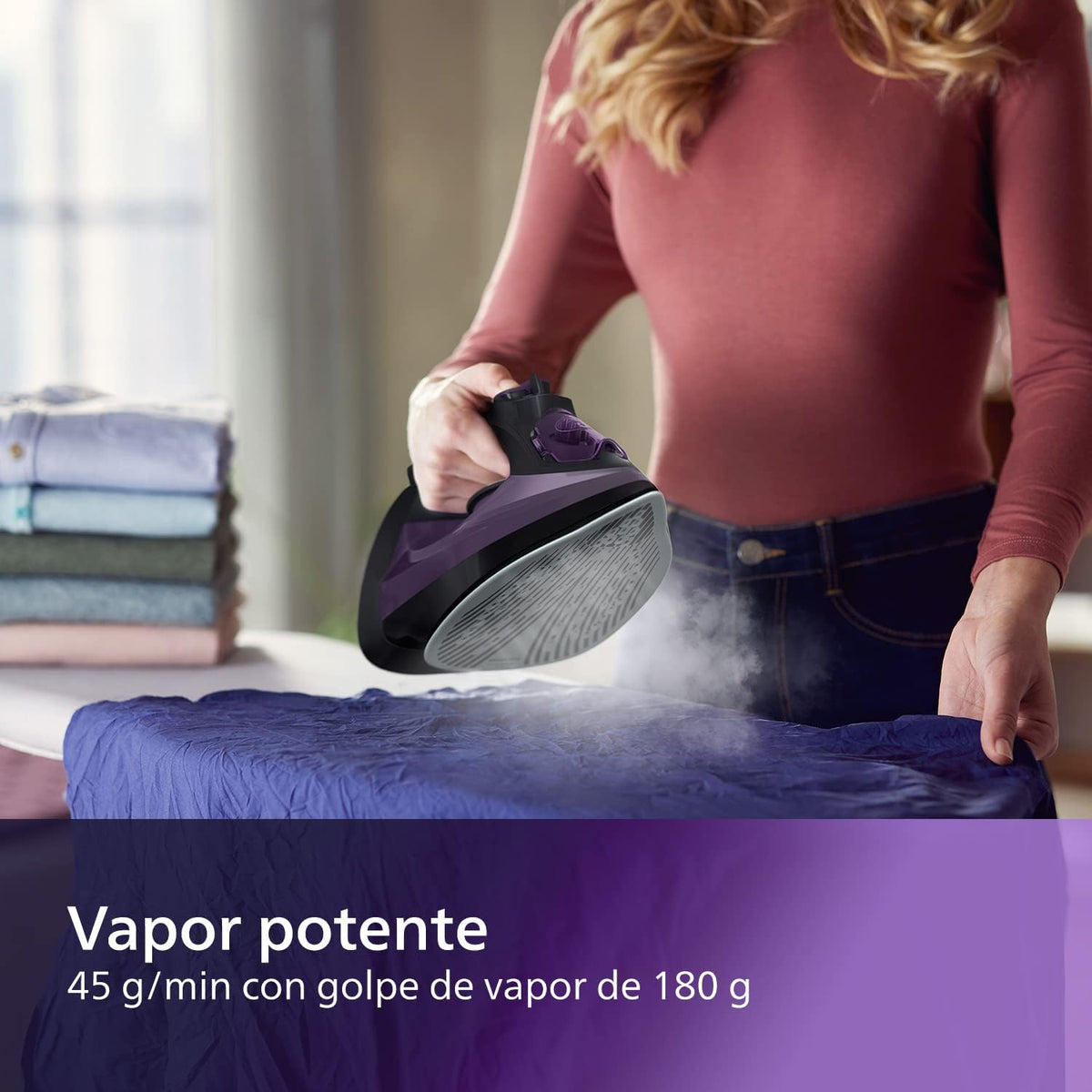 Philips Serie 5000 Plancha de Vapor, 2400W de Potencia, 45g/min, Golpe de Vapor 180g, Vapor Vertical, Suela SteamGlide Plus, Negro/Púrpura (DST5030/80)