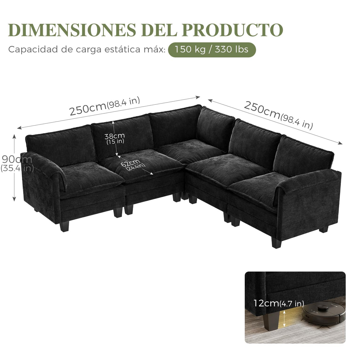 ELUCHANG Sofá Nube Modular 256cm, Sofá de 3 Plazas con Asiento Profundo 62cm, Montaje sin Herramientas, Sofá Moderno de Chenilla para Salón y Habitación, Gris Perla