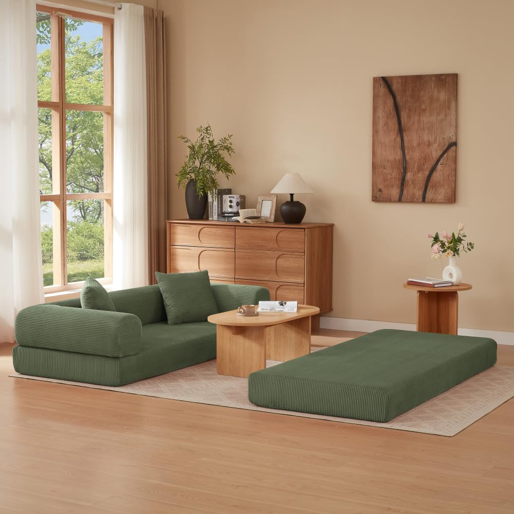 Sapgaks Sofá Convertible, Sofá Cama, Sofá 2 Plazas sin Marco, Sofá Plegable de Compresión, Diseño Cuadrado Clásico, No requiere Montaje (Verde-1)