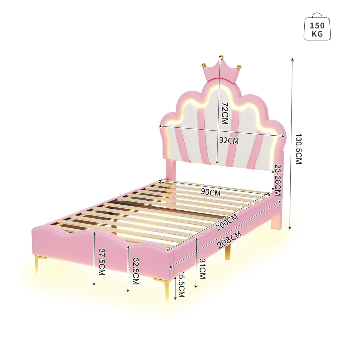 Cama Infantil tapizada 140 x 200 cm con LED, Cama tapizada para niños 140 x 200 con cabecera Ajustable Marco de Camas, Camas de Princesa para Niña en Forma de Corona con Somier(Rosa, 140 x 200)
