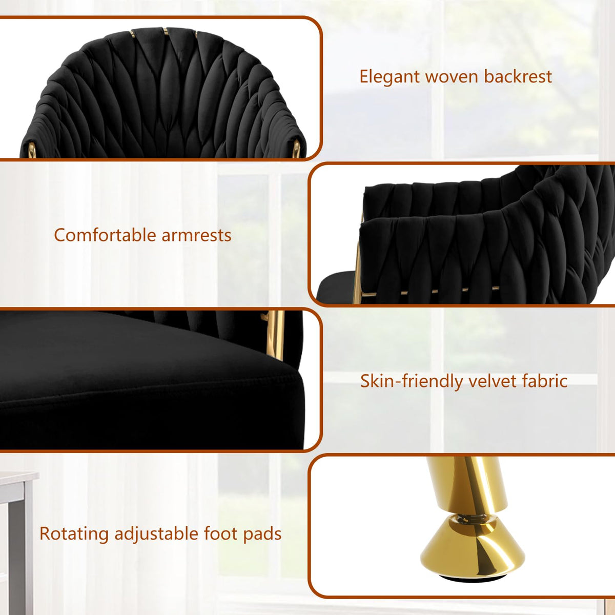 Juego de 4 sillas de comedor de terciopelo, sillones de salón, sillas de comedor con reposabrazos, sillas de cocina con respaldo alto trenzado a mano, silla de tocador con patas doradas