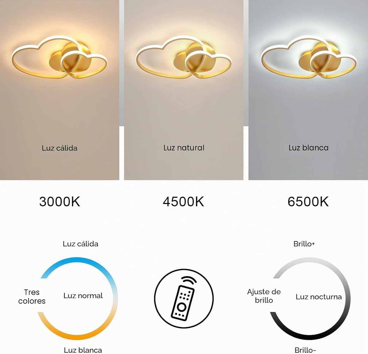 Riserva Plafon Techo LED Regulable 48W, Forma de Corazón, 3000K-6500K, Oro