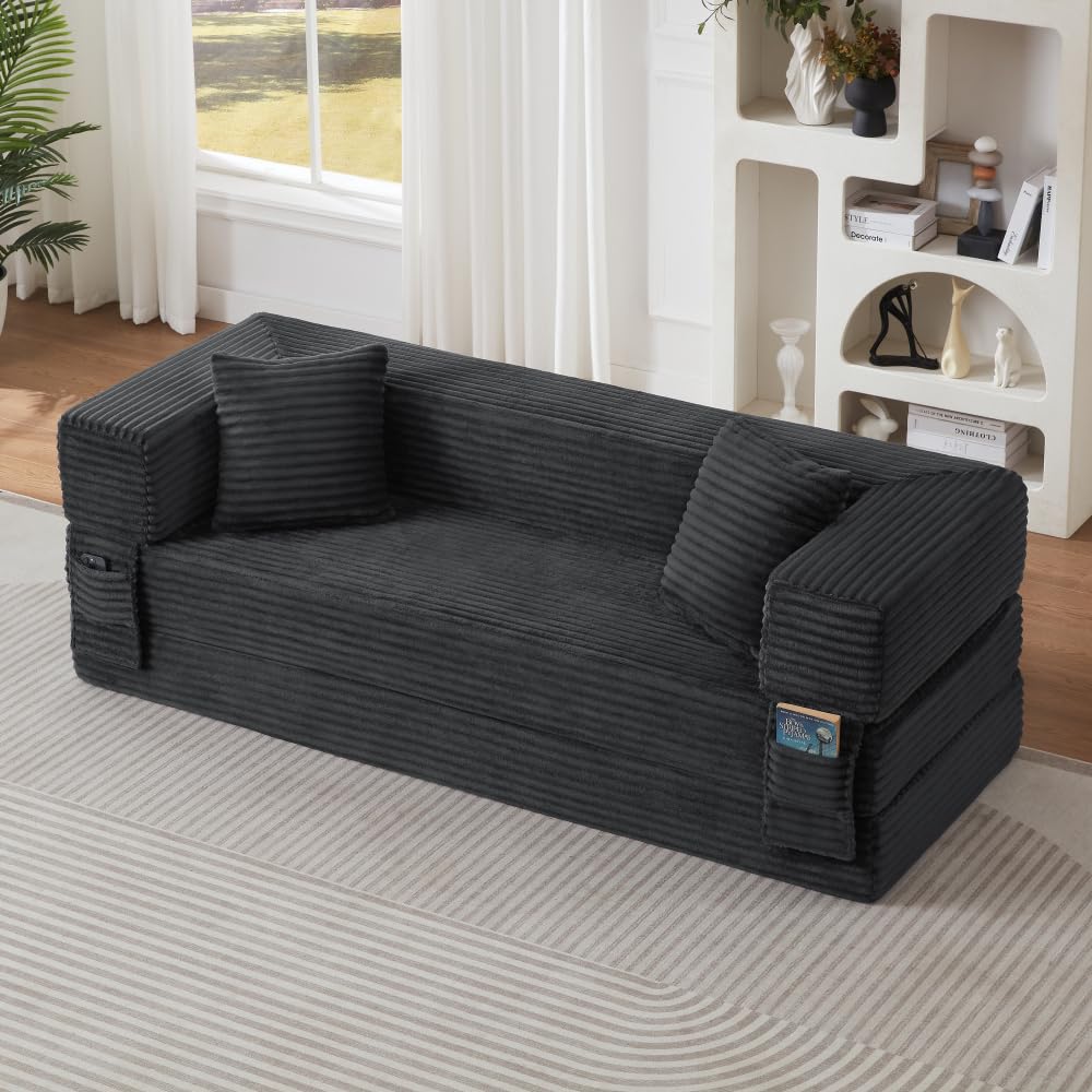 Sapgaks Sofá Convertible, Sofá Cama, Sofá 2 Plazas sin Marco, Sofá Plegable de Compresión, Diseño Cuadrado Clásico, No requiere Montaje (Verde-1)