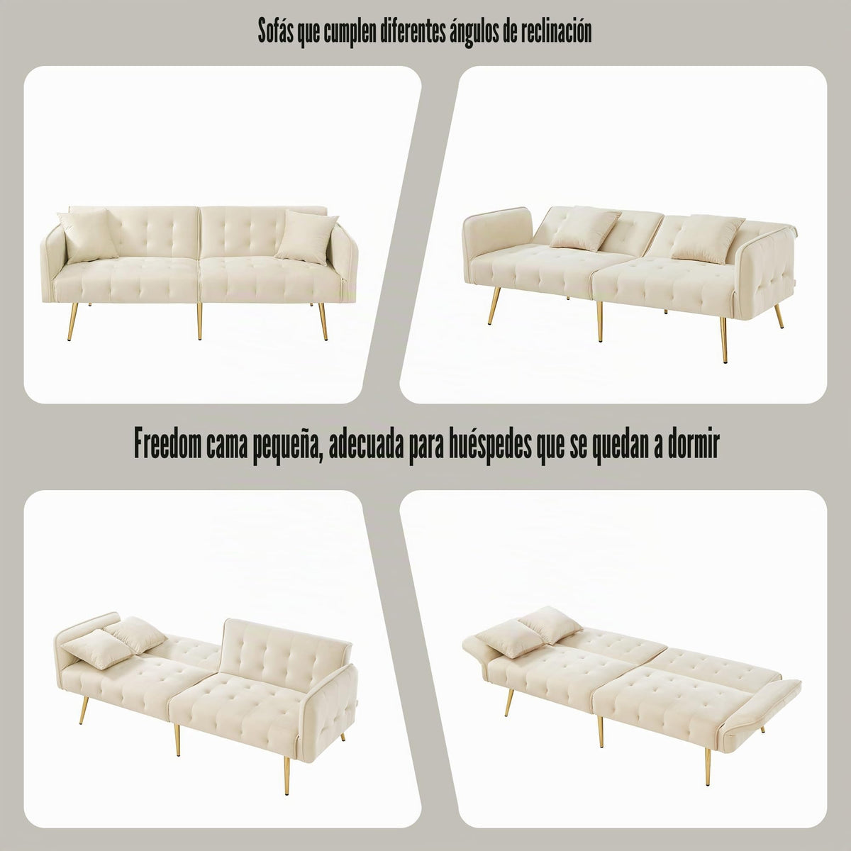 Sofá cama con esquinas ajustables, patas doradas, almohadas y bolsillos laterales para almacenamiento (Bavia)