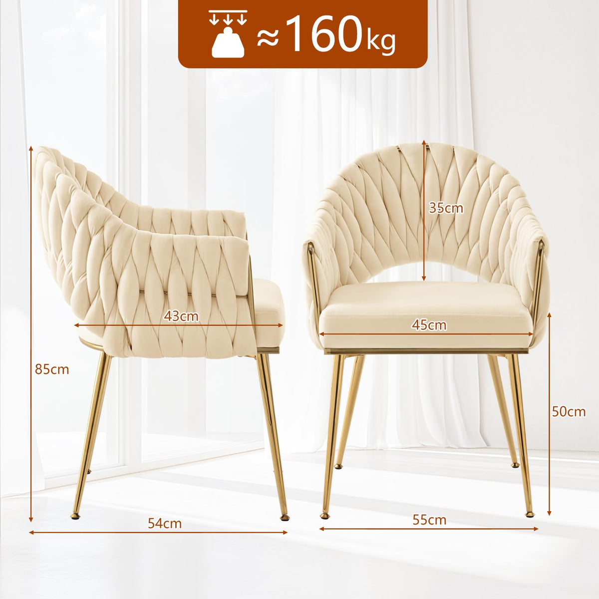 Juego de 4 sillas de comedor de terciopelo, sillones de salón, sillas de comedor con reposabrazos, sillas de cocina con respaldo alto trenzado a mano, silla de tocador con patas doradas