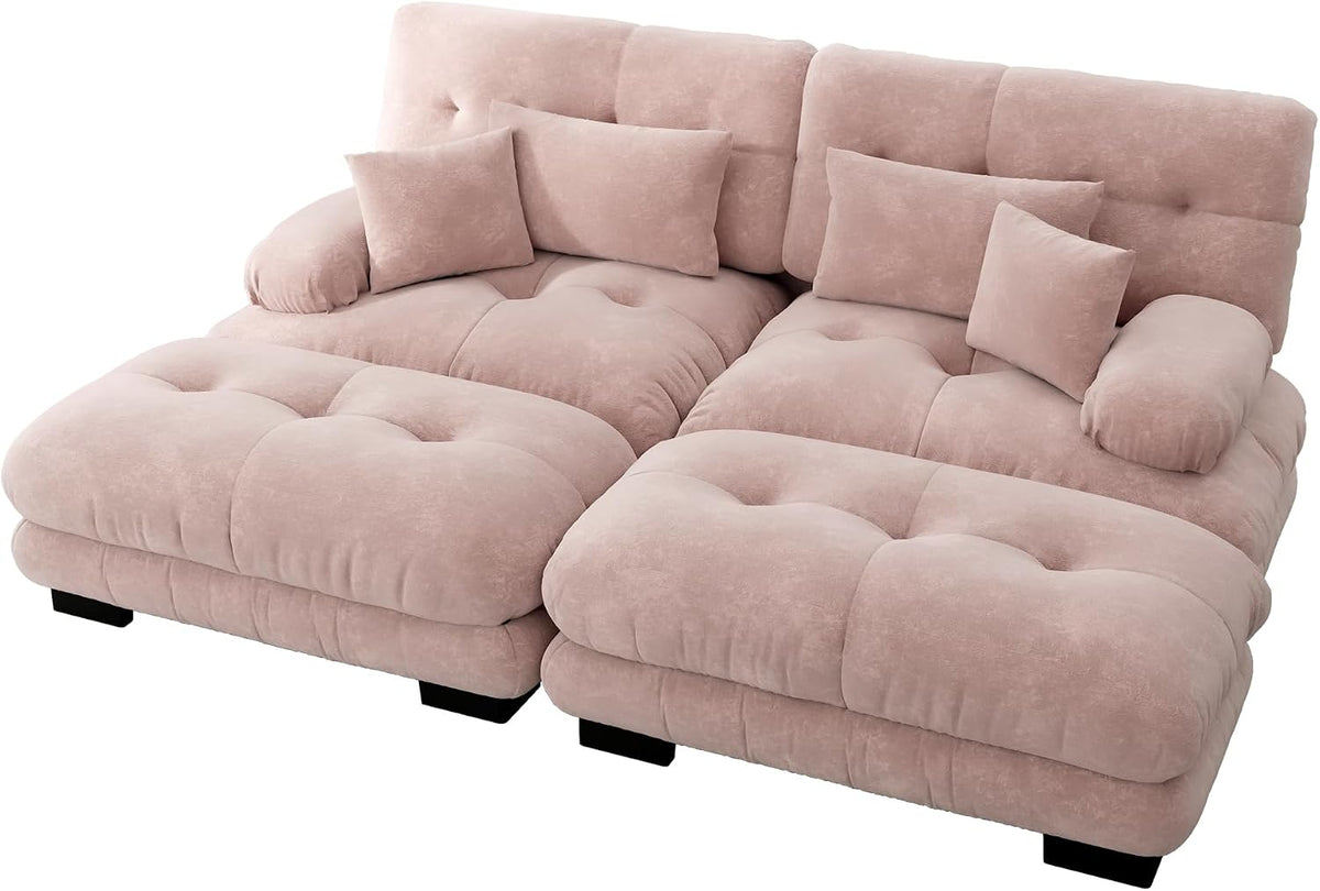 Sofá esquinero de chenilla nublado para salón, sofá doble con reposabrazos anchos, 2 cojines lumbares, 2 cojines decorativos y 2 otomanas, 220 x 140 x 81 cm (rosa)