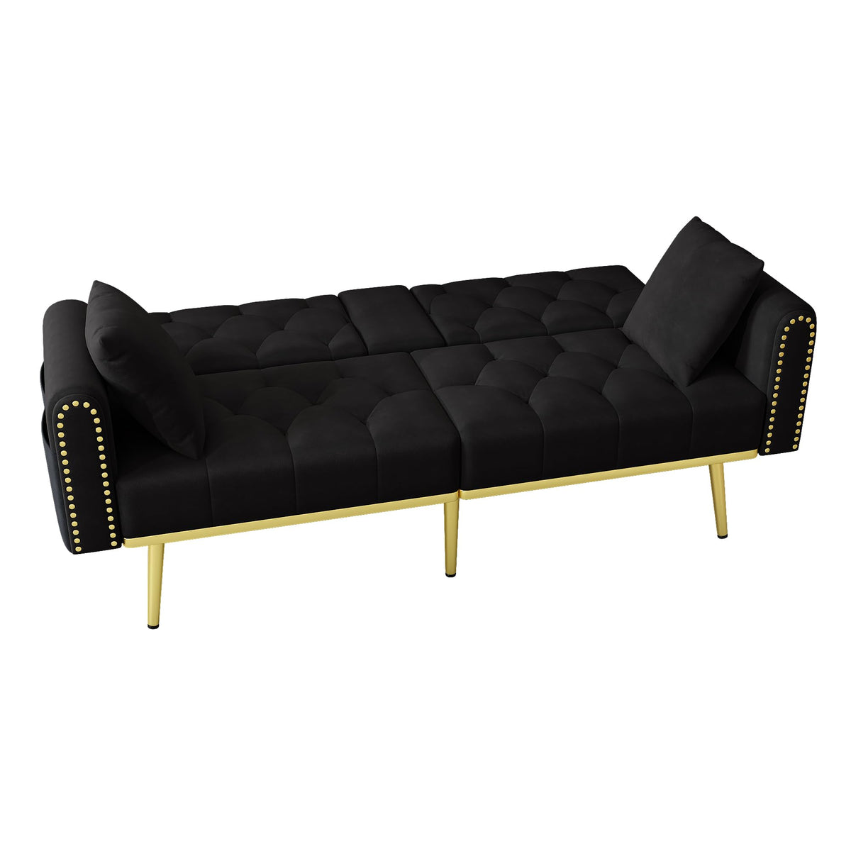 Azkoeesy Sofá cama de 2 plazas con soporte para bebidas, 175 cm, sofá cama con función de dormir, respaldo ajustable en 3 posiciones, patas metálicas doradas y remaches, para sala de estar y cine en