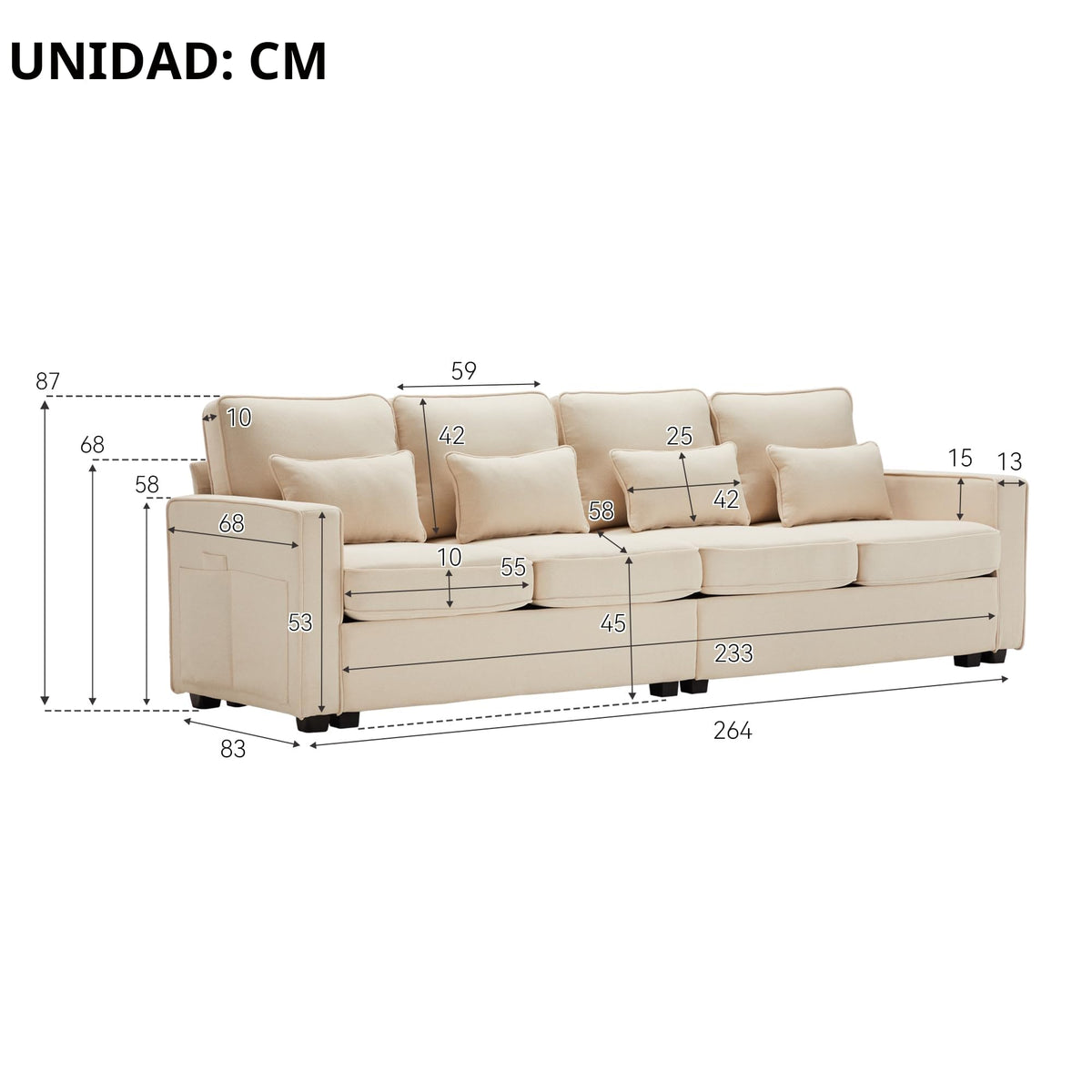 Sofá moderno de 4 plazas, en tejido de lino, soporte para bebidas, 2 puertos de carga USB con cable, bolsillos en reposabrazos y 4 cojines, sofá sencillo para sala de estar
