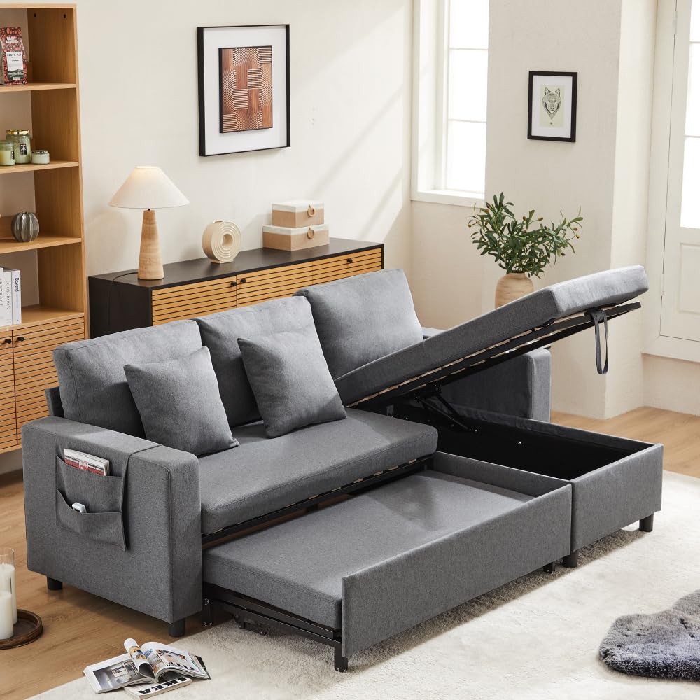 Sofá esquinero extensible en forma de L con puerto USB y portavasos, sofá cama de 4 plazas con función cama, sofá convertible con espacio de almacenamiento y reposabrazos, cojines, chenilla
